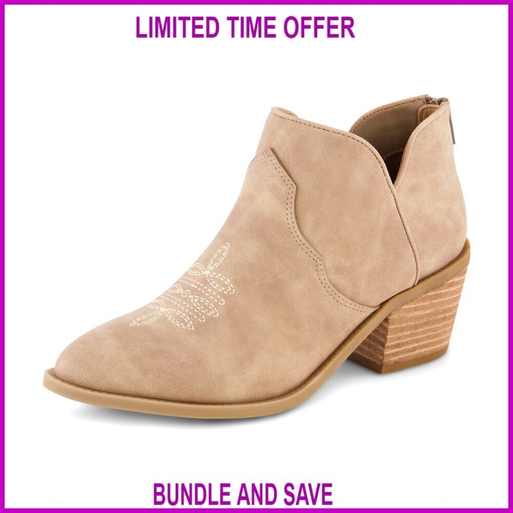 Pointed Toe Western Ankle Boots with Low Block Heel and Back Zipper - Picture 1 of 5